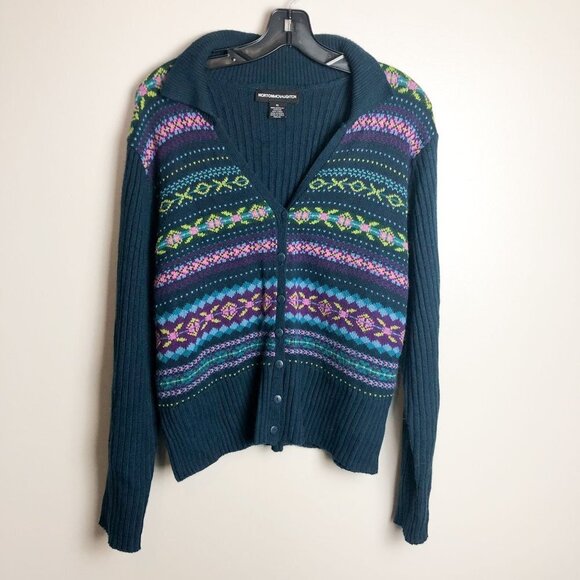 Norton Mcnaughton Fair Isle Retro Button Up Cardigan XL Blue Green Womens Collar - Picture 7 of 10